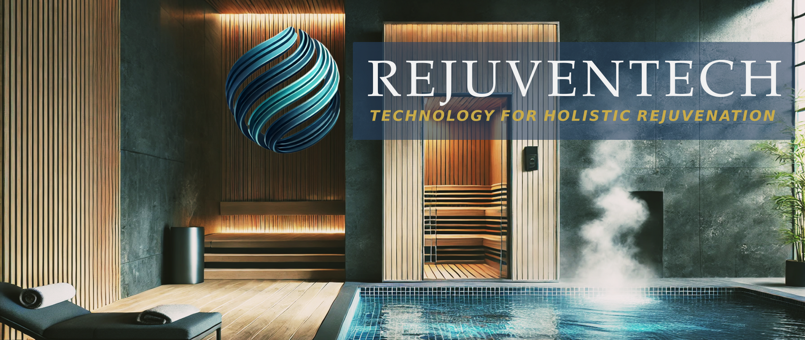 Rejuventech banner featuring the company logo and slogan on a warm-toned background